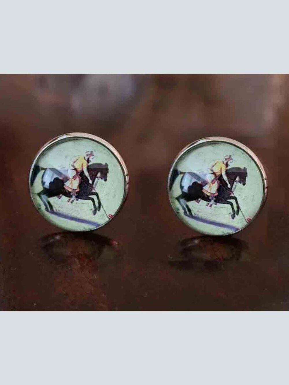 Gascoigne Polo Player Cufflinks Silver Metal Alloy Cabochon Equestrian Men's
